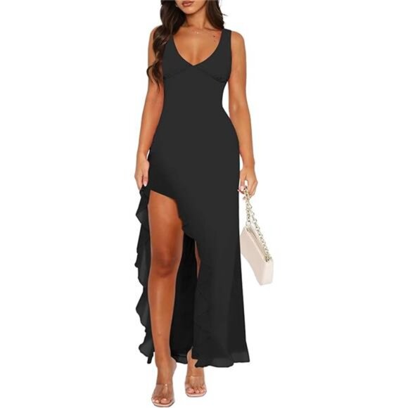 Women Sexy V Neck Sleeveless Mesh Ruffle Hem Bodycon Maxi Casual Backless High - Picture 6 of 6